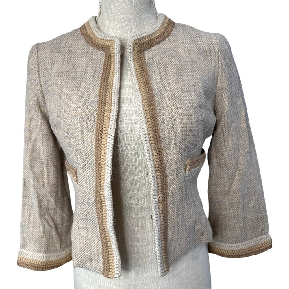 BCBGMAXAZRIA Silk Cropped Blazer W/Crochet Trim In Neutral Straw Tones XS